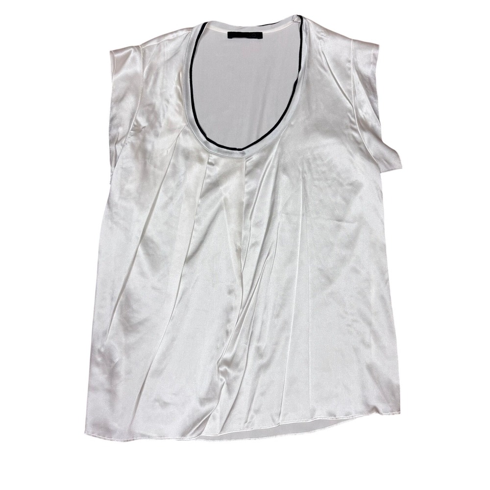 Pinko Ivory Silk Blend Pleated Cap Sleeve Blouse Scoop Neck Contrast Trim Size 4